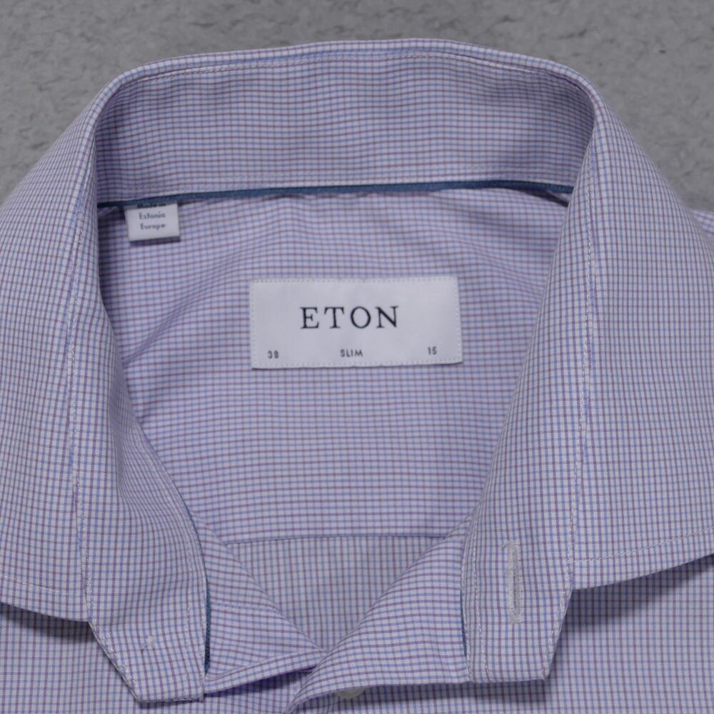 Eton Dress Shirt Mens 15 Slim Blue Pink Plaid Long Sleeve - Picture 5 of 15
